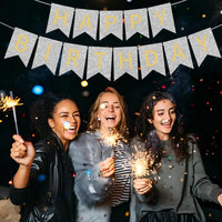 Happy Birthday Banner,Pre-Strung Black and Gold Party Decorations，16ft Pre-Strung Hanging Sign - silver - image 2