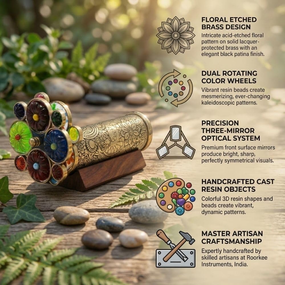 Roorkee Instruments etched floral brass kaleidoscope with two bead wheels on a hardwood stand - view 5