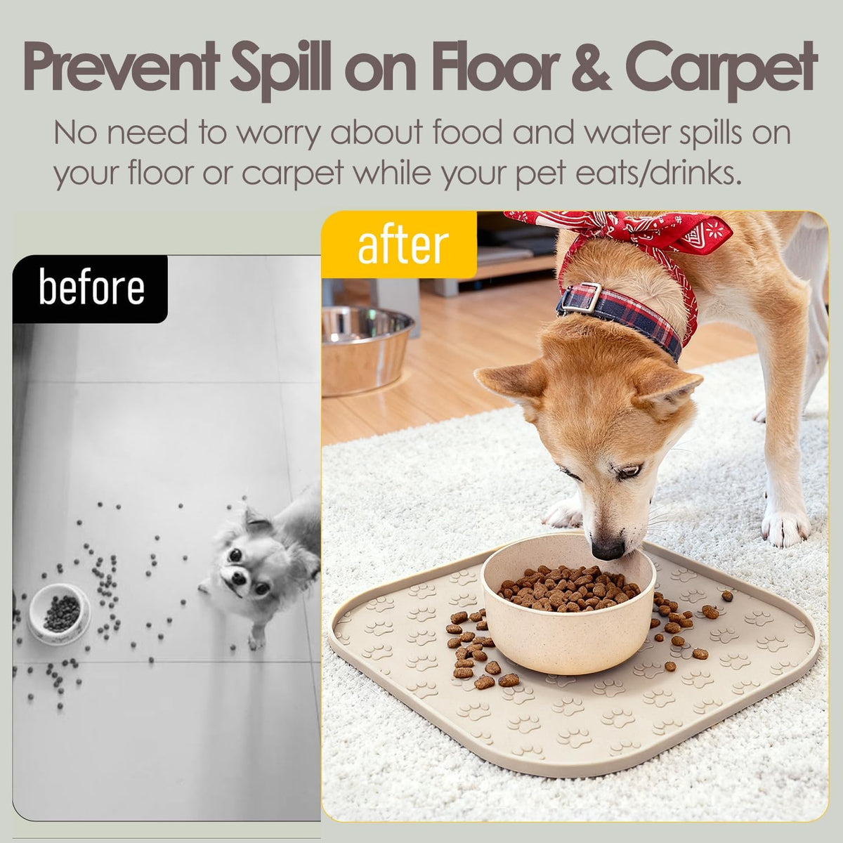 Pet Feeding Mat, Waterproof Anti-Slip Placemats for Dog Cat Bowl Silicone Pet Food Mat, Raised Edge - Beige / 11"L x 11"W - image 3