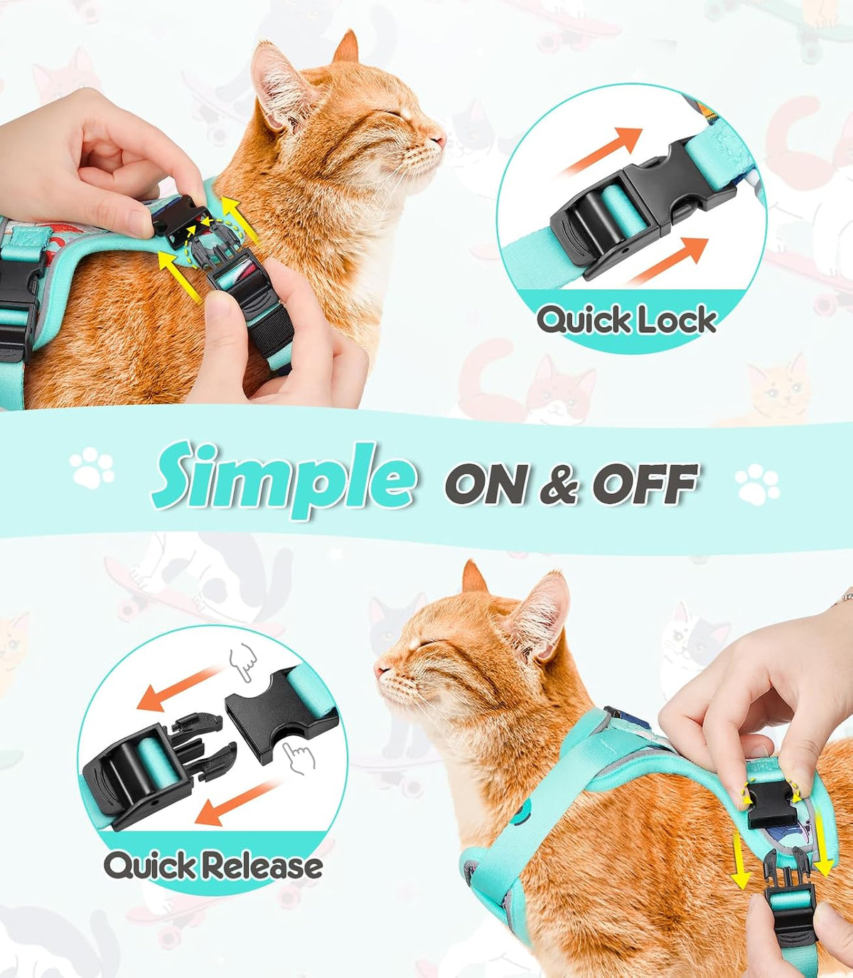 Cat Harness and Leash Set[MAX Safety 4th-Gen] Cute Escape Proof Vest - H603 Pro Purrfect Green / Small (7-12lb) - image 3