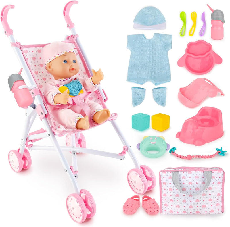 deAO Baby Doll Stroller Set for Toddlers Girls Ages 3+ with 13 inch