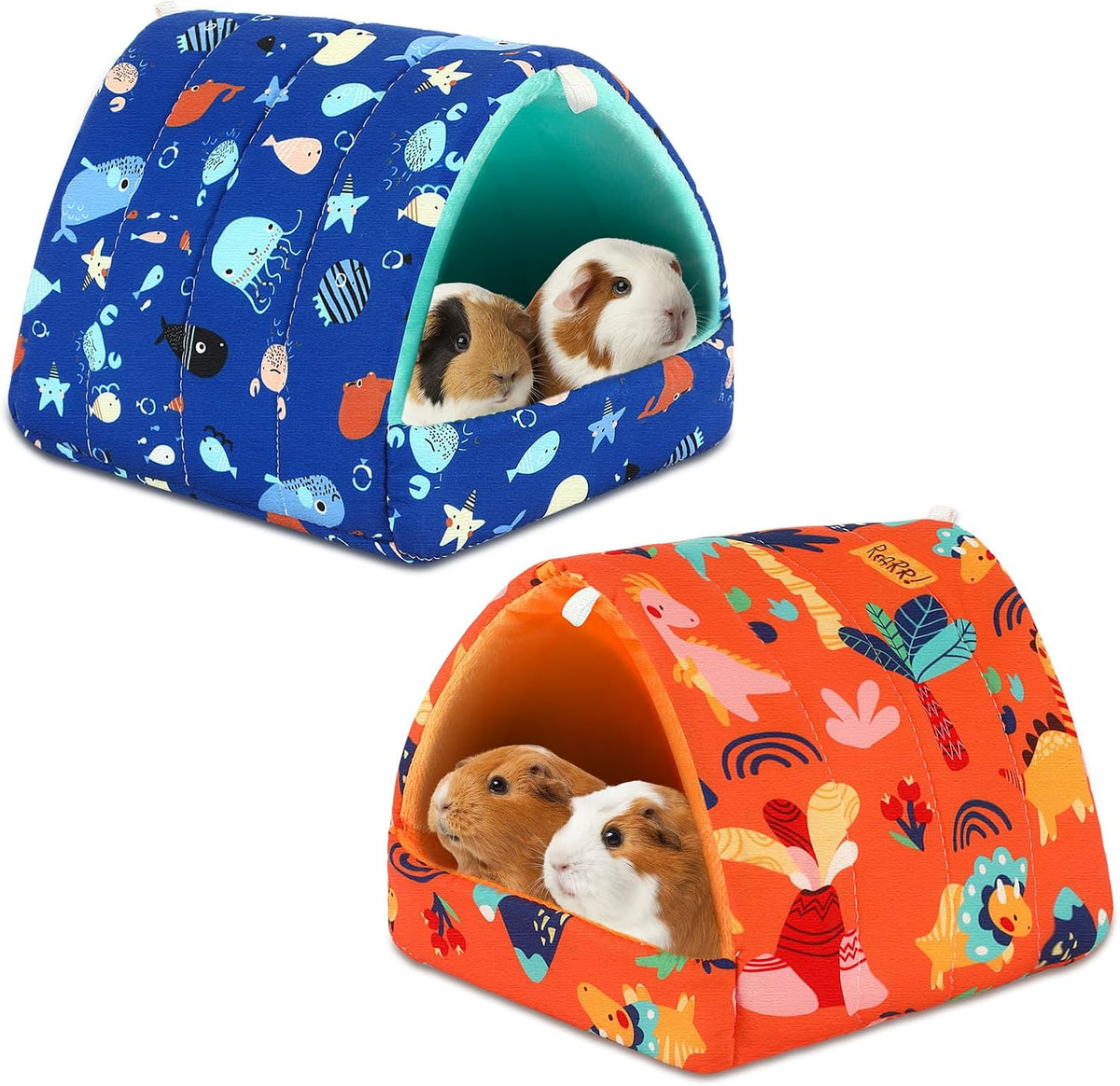 UPINS 2 Pack Guinea Pig Hideout, Washable Small Animal House Bed – Daily Care for Small Pets - 9.84 x 9.84 inch / Blue Orange