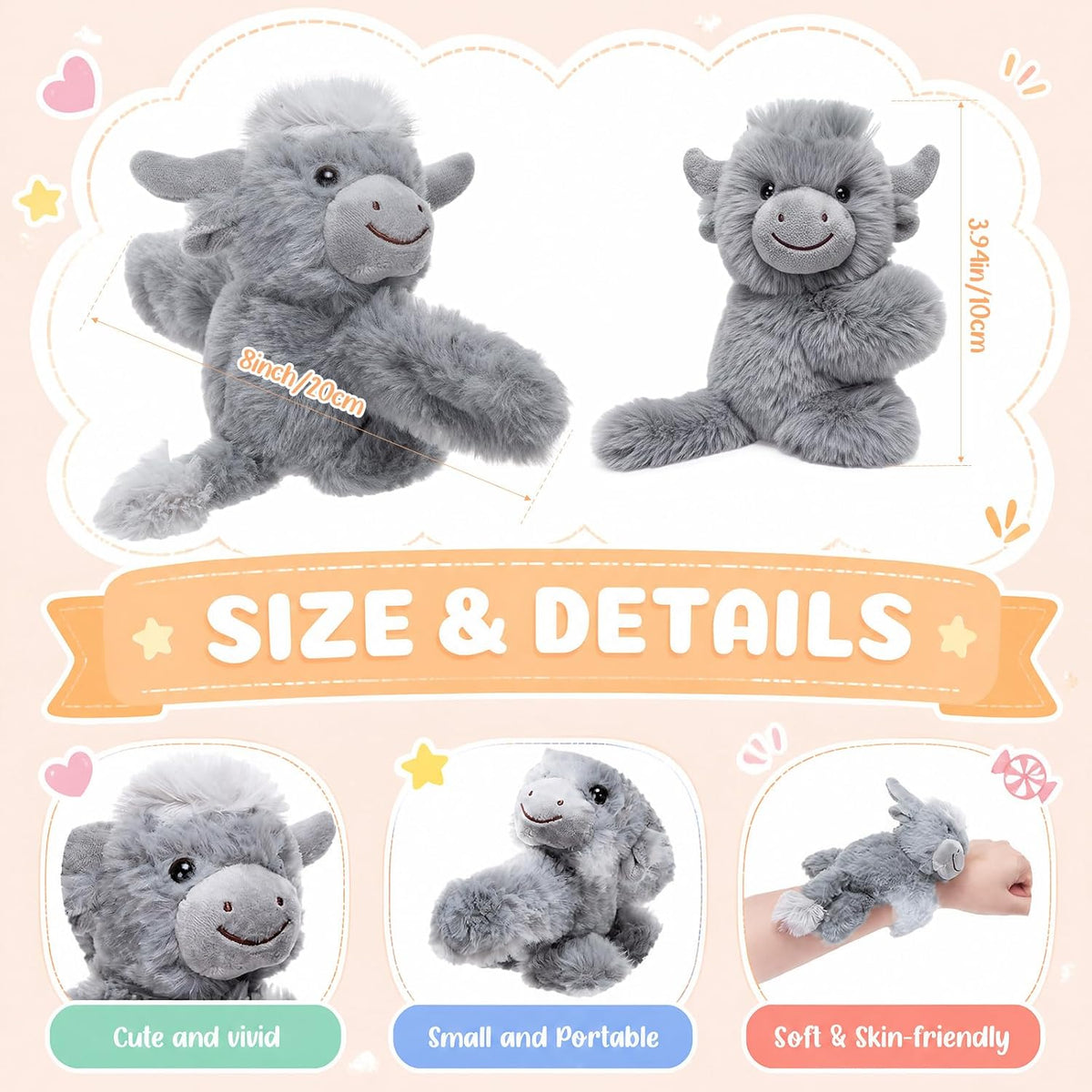 Liliful 8 Pack Kids Plush Gifts Stuffed Animal Slap Bracelets - Cow - image 2