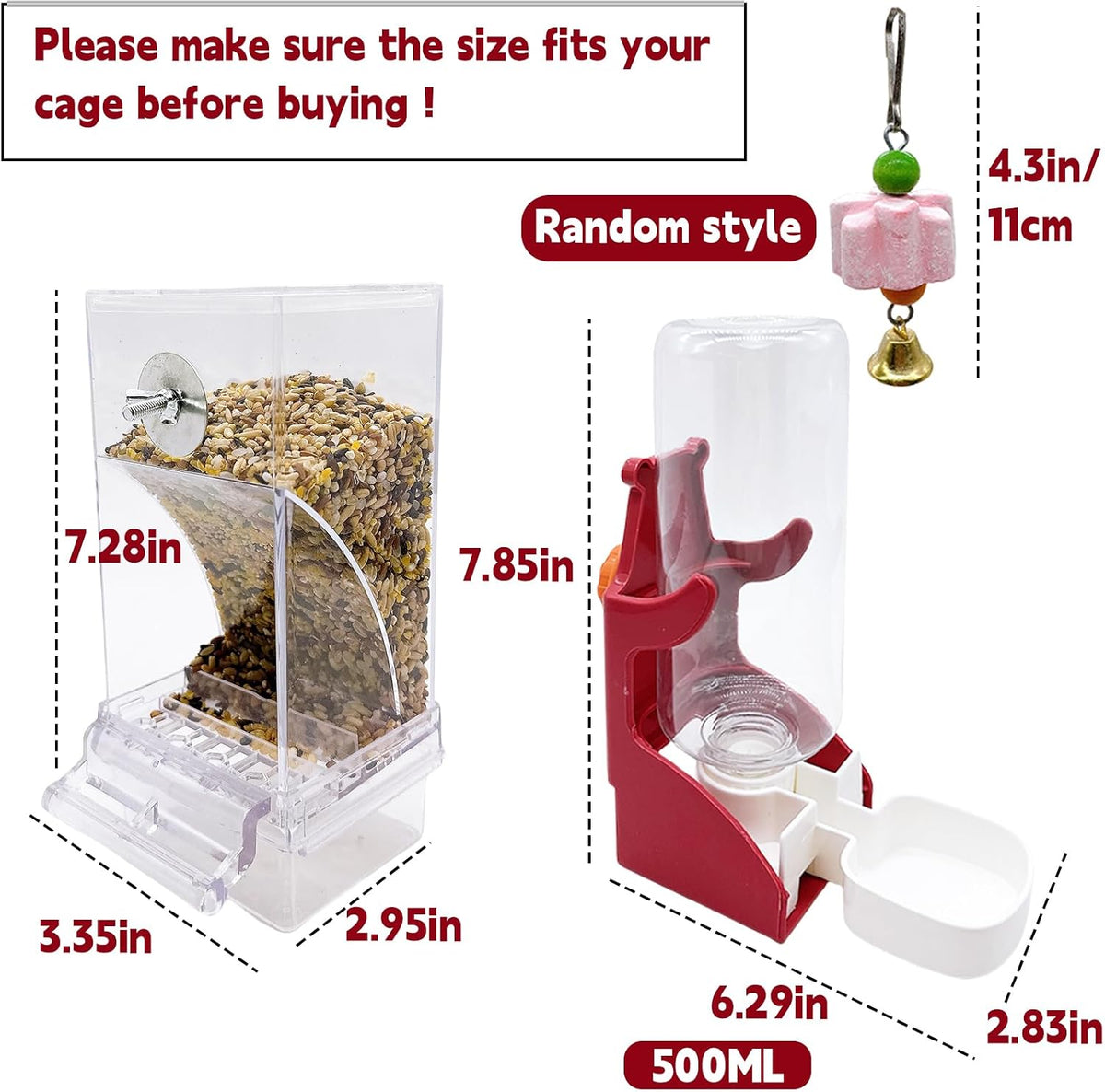 No Mess Bird Feeder for Cage Automatic Small Bird Food Container - Red+Transparent / 2Pcs - image 2