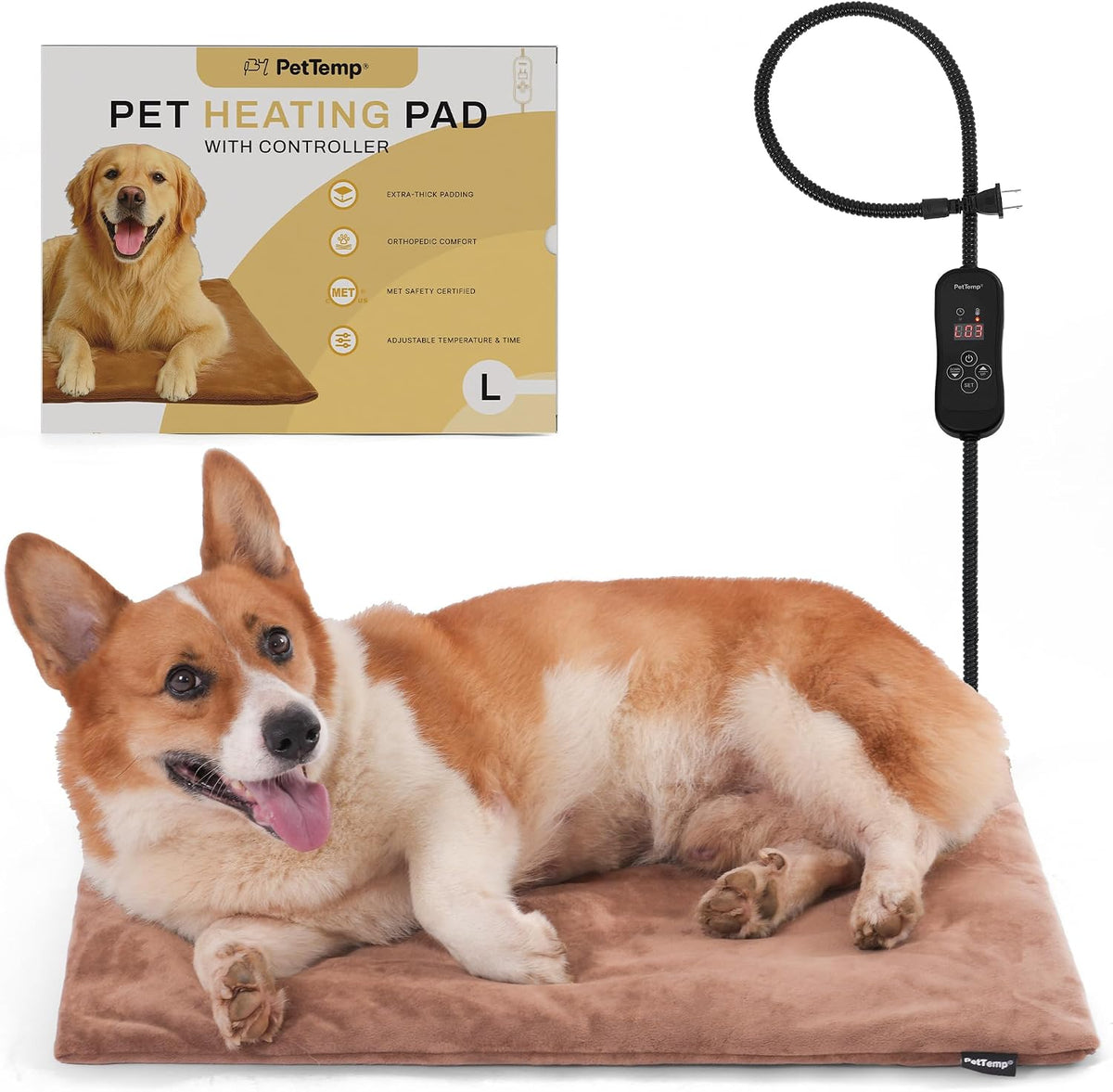 Cat Heating Pad, Heated Cat Bed, 5 Temps & Timer - Brown / L: 26" x 20"