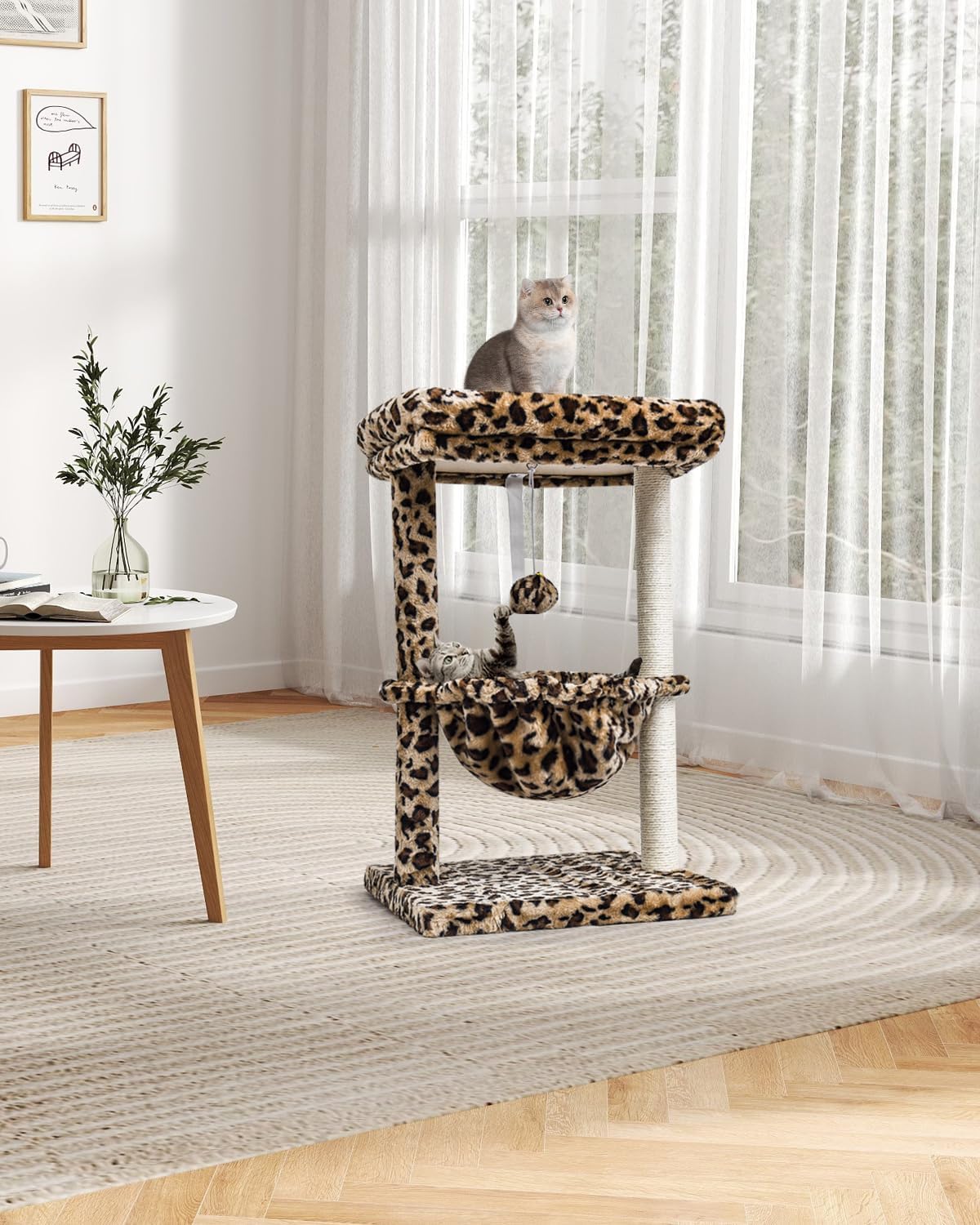 SYANDLVY Small Cat Tree for Indoor Cats - Leopard Print / Top Perch with Basket - image 2