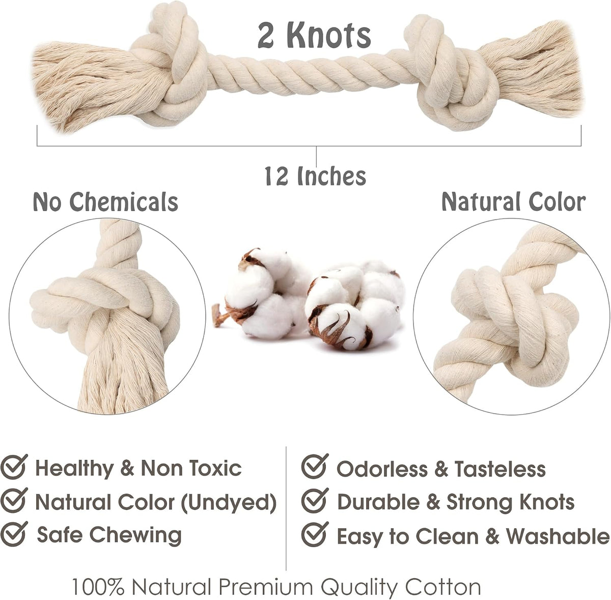 Barida Natural White Cotton Tough Dog Rope Toy for Medium & Large - Small (12.00") - image 3