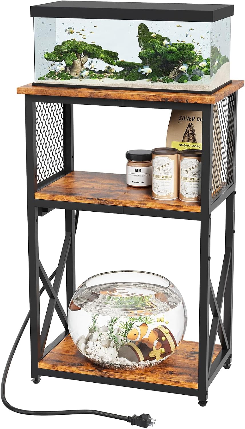 HavenlyYouth 10 Gallon Fish Tank Stand with Power Outlet - Retro Brown