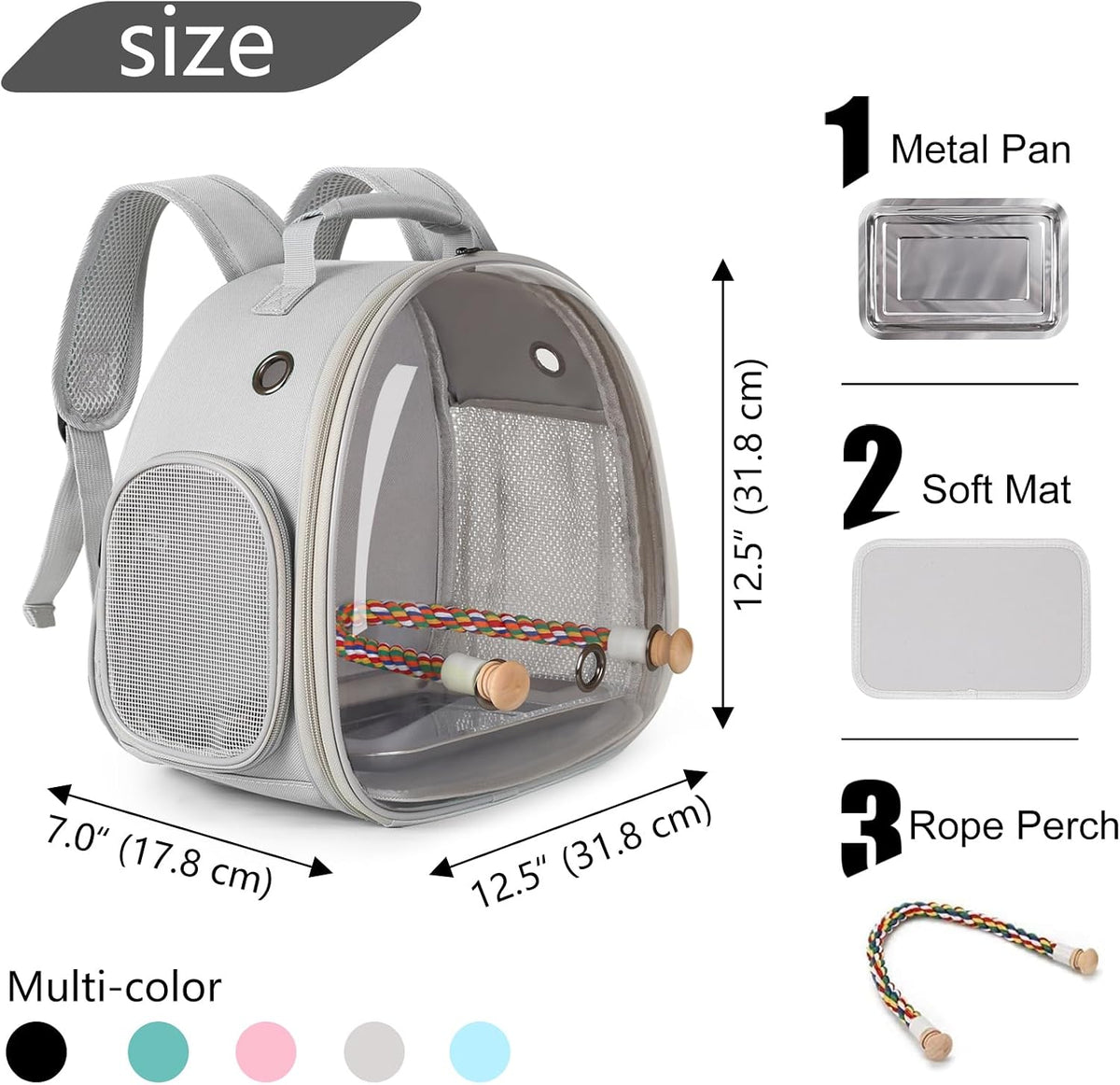 Small Bird Travel Backpack Carrier Cage - Grey / Clear Bubble + Tray - image 2
