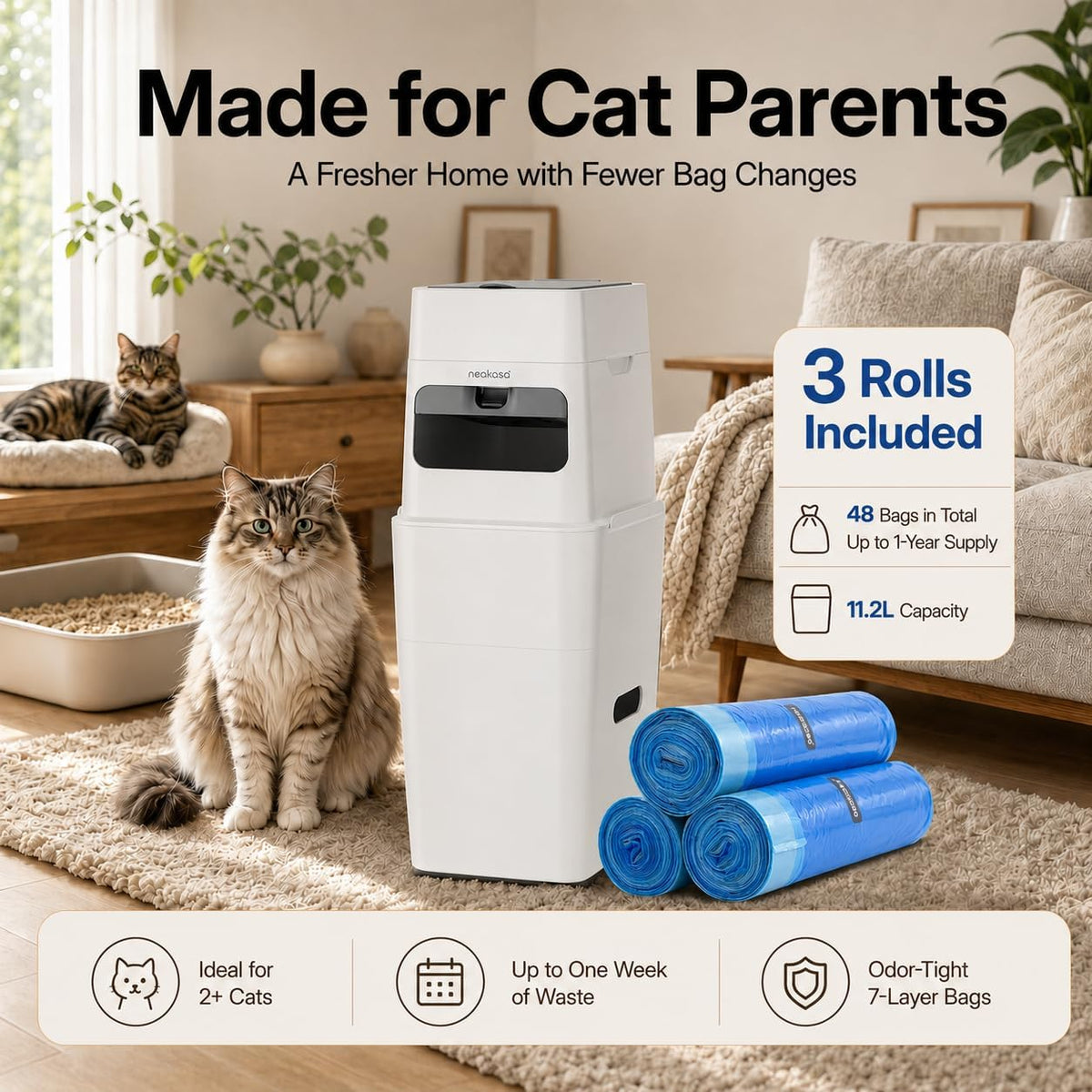 Neakasa 2XL Cat Litter Trash Can for Multi-Cat Homes – Daily Care for Cats - White / 2XL - image 3
