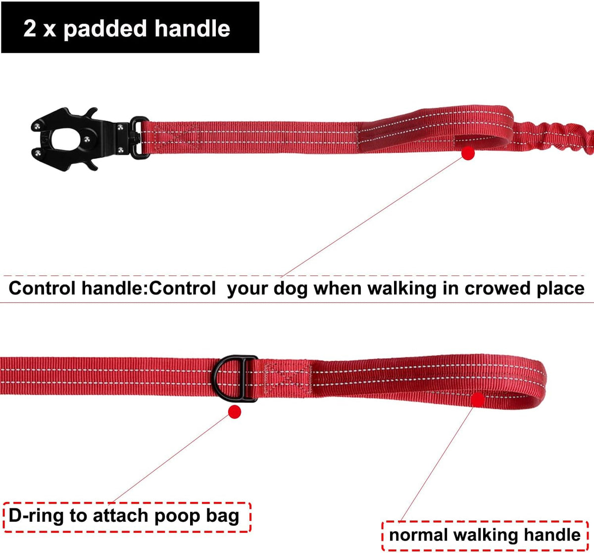 Tactical Dog Leash with Quick-Release Metal Clasp - 6 FT / Reflective Red - image 4