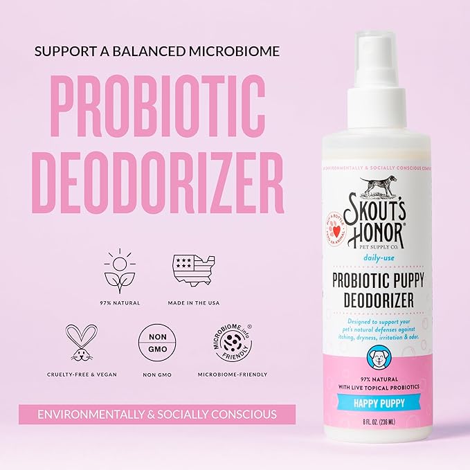 SKOUT'S HONOR Pet Deodorizer Spray- Hydrating Daily-Use with Avocado Oil & Omega-3s, Microbiome Friendly Certiified, Paraben & Sulfate-Free, 97% Natural, 8oz, Happy Puppy, 2-Pack
