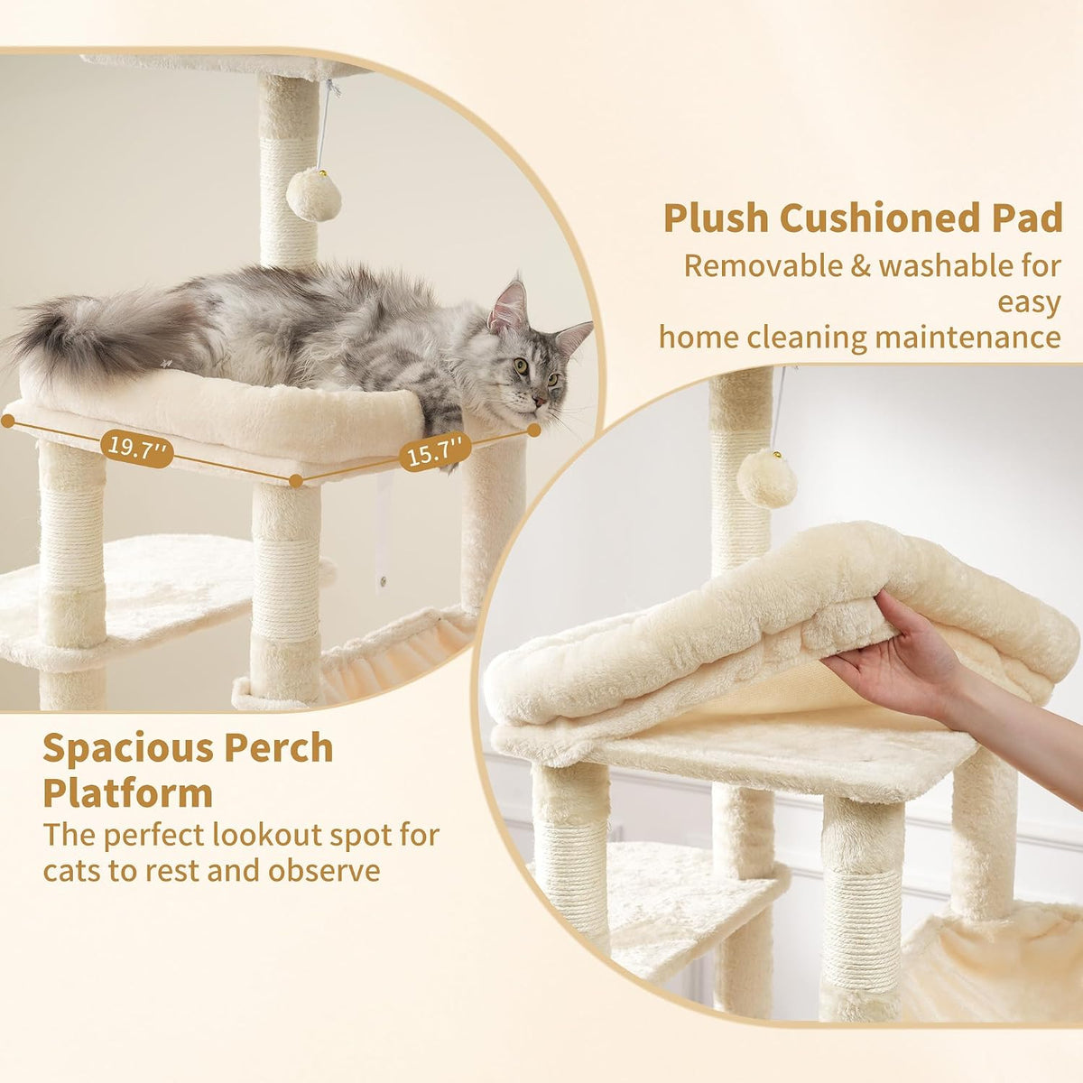 Heybly Heavy Duty Cat Tree with Large Base for Large Indoor Cats - Beige / XL - image 4