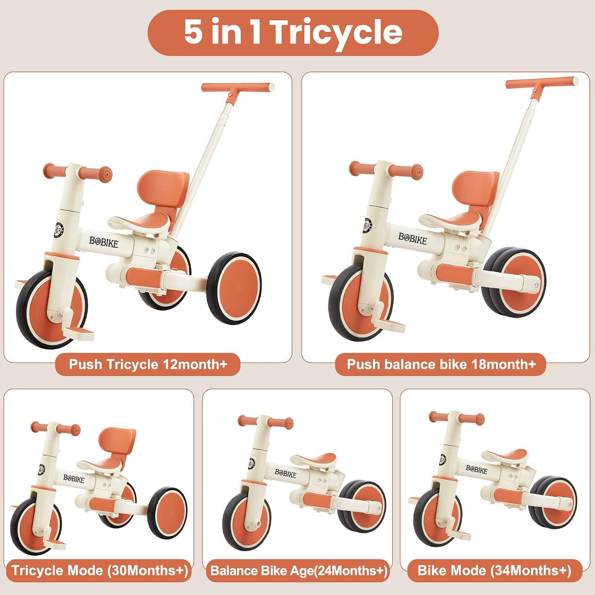 Bobike 5-in-1 toddler tricycle with push handle and seat backrest in purple - view 8