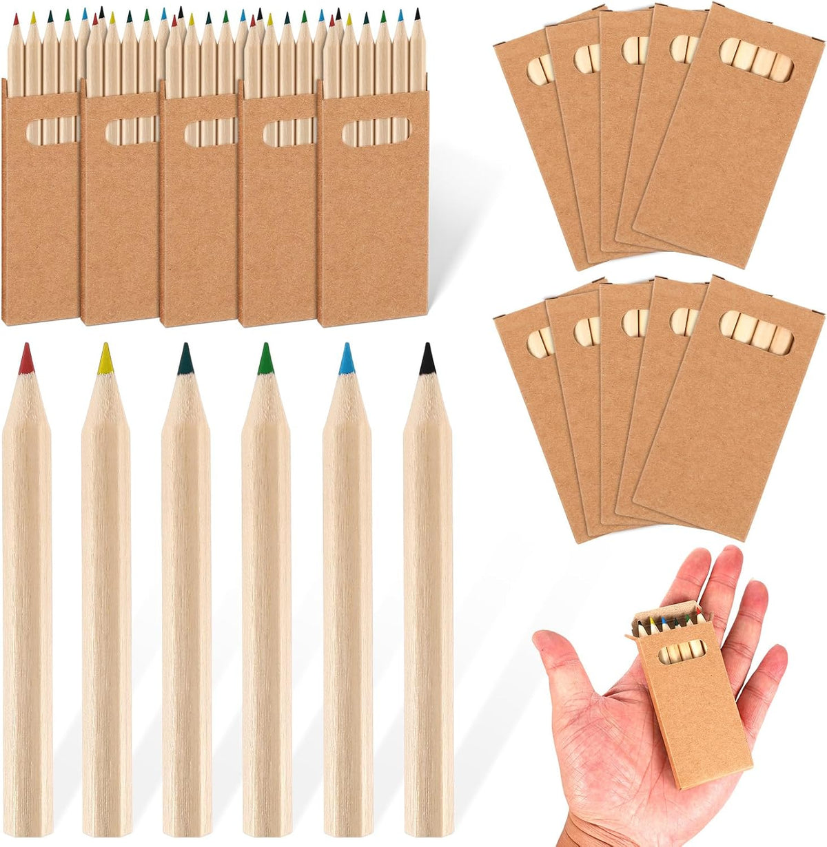 Faccito mini colored pencils bulk pack, small paper boxes of 6 short wooden pencils - view 3