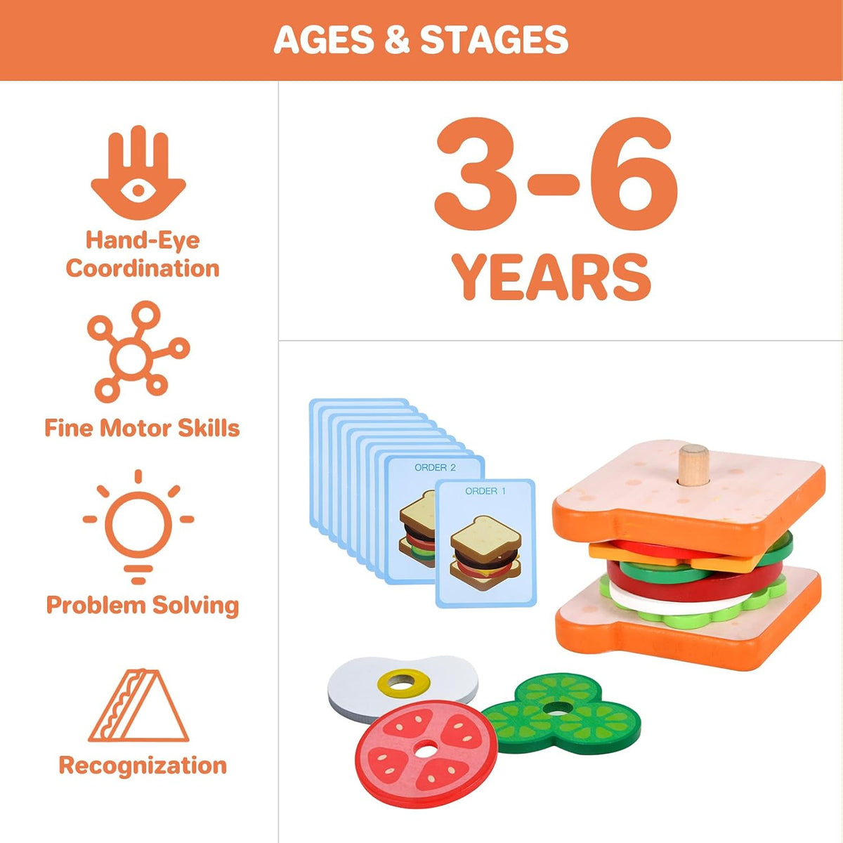 Pajojoqa wooden sandwich stacking toy with egg, cheese, bacon, lettuce, tomato and bun pieces - view 12