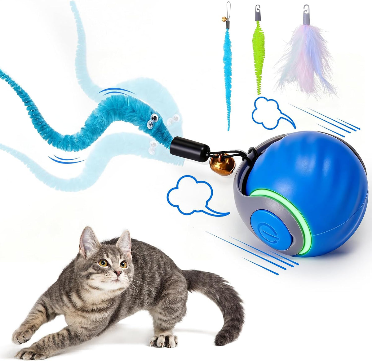 Interactive Cat Toy Ball - Automatic Interactive Cat Toys for Indoor Cats with 3 Tails, 2 Speeds - 1 Pack Blue