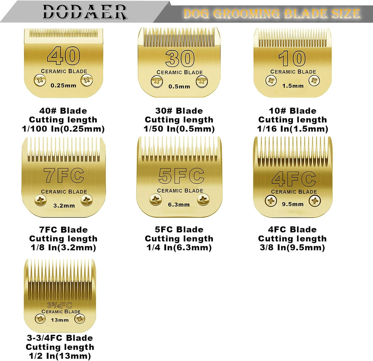 10# Grooming Ceramic Pet Clipper Blades Compatible with Andis & Oster - Gold / 7 Pack（1.5-13mm） - image 2