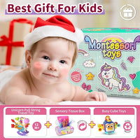 3 in1 Baby Toys 12 to 18 Months - Busy Board Sensory Toys, Tissue Box Toy, Pull String Teether, Learning Toy for Babies, Infant Gifts for 12 18 Months Old