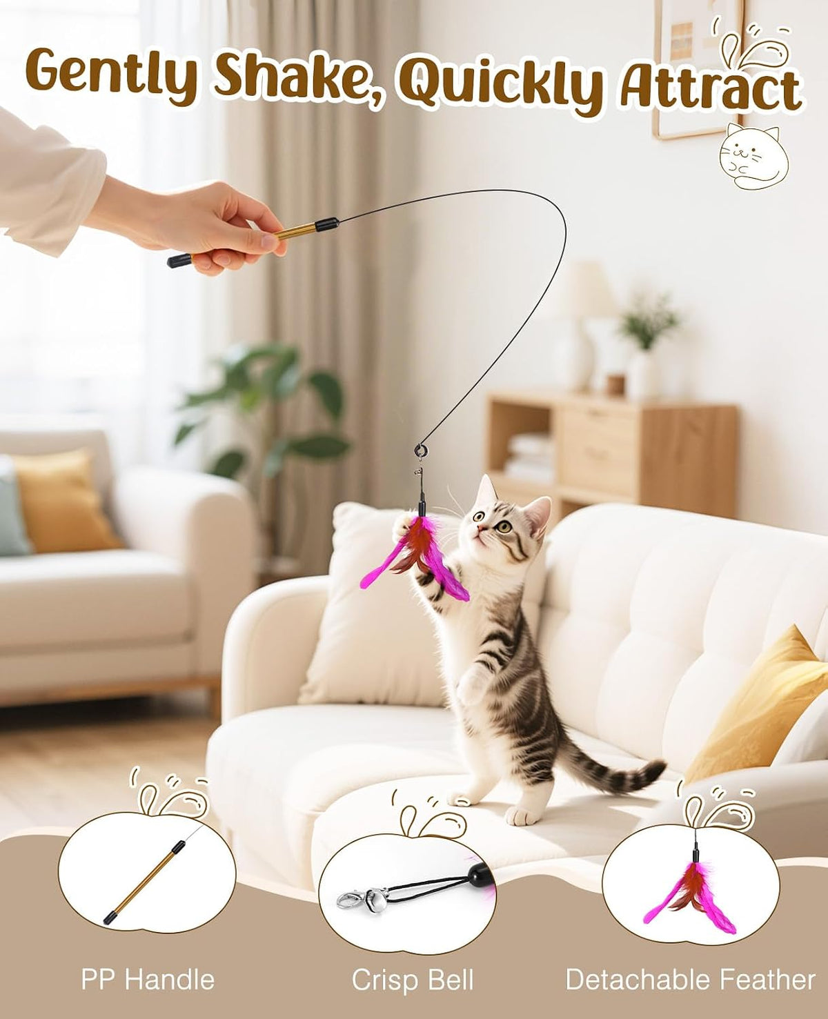Pawaboo Cat Feather Wand Interactive Toy - Rose + Red Brown - image 3