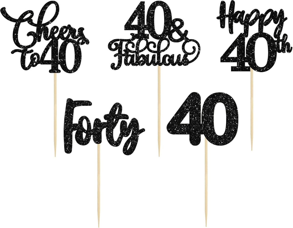30 Pack Happy 80th Birthday Cupcake Toppers Gold Glitter Eighty - 40th / Black - image 3
