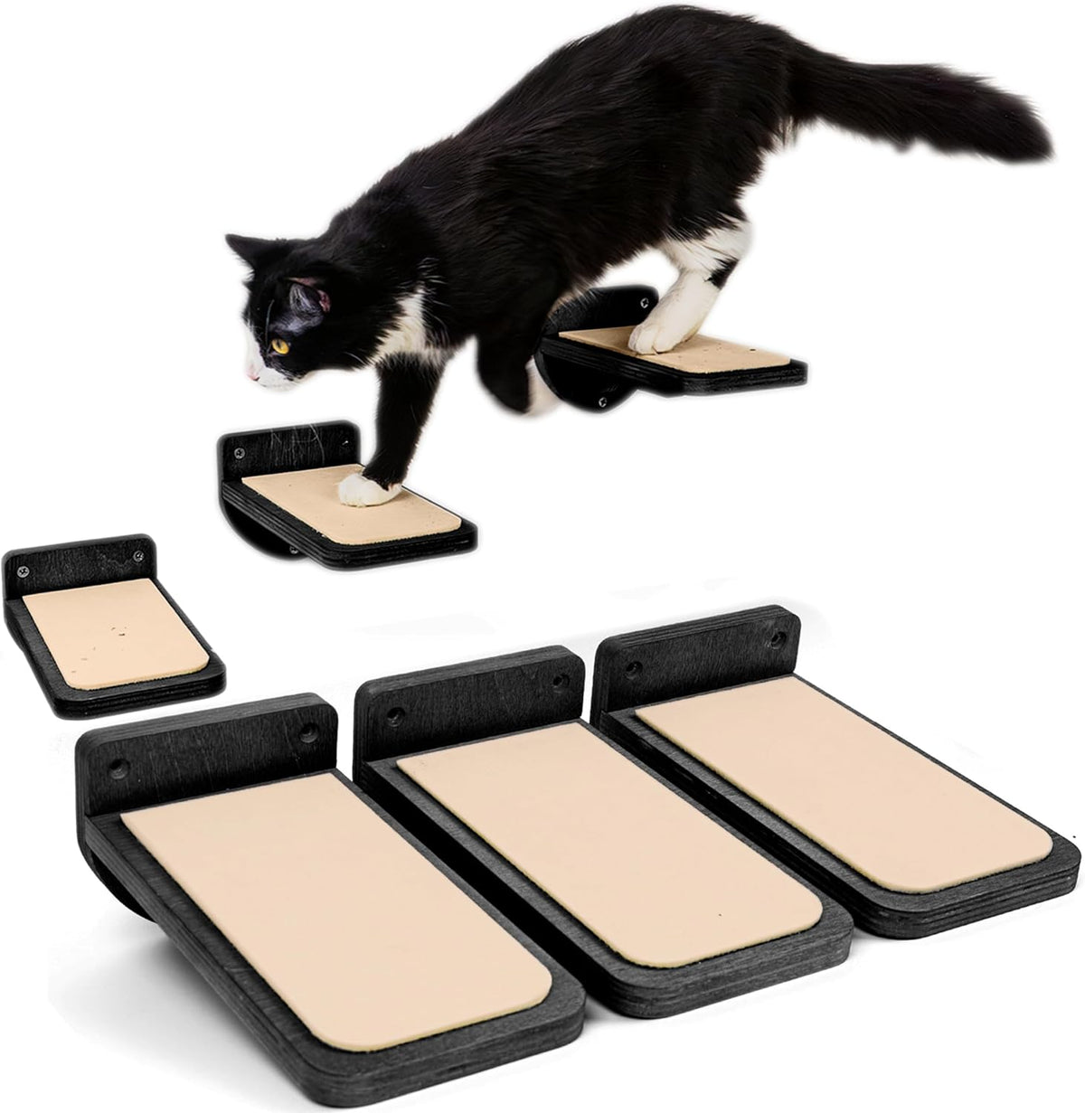 INICIO Cat Wall Steps, Natural Wood - Black