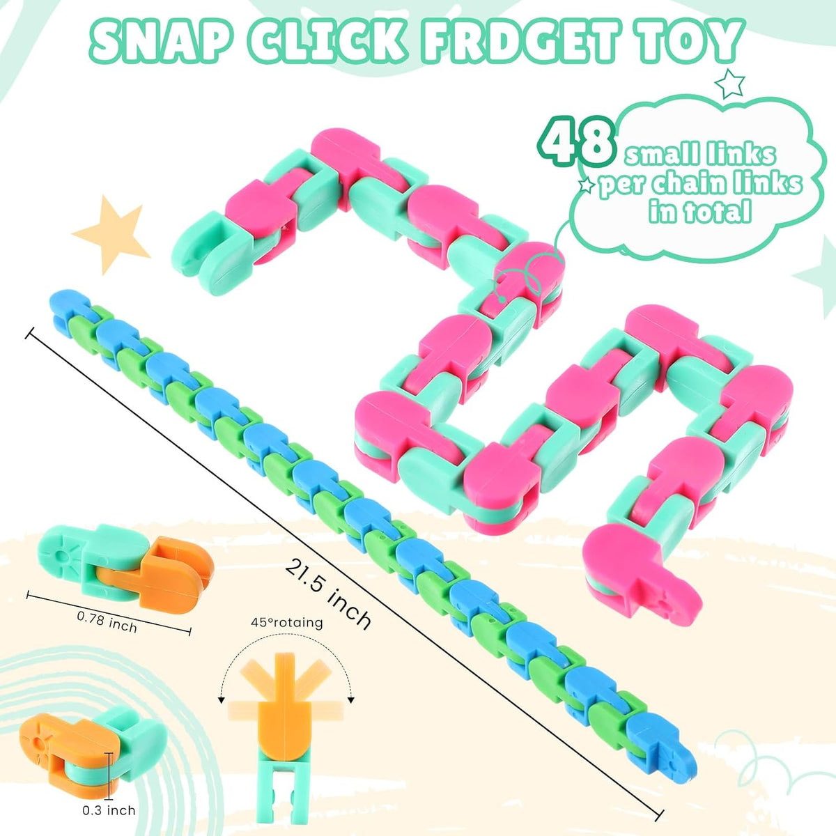 Sotiff wacky tracks fidget toys, 60 pack of clicking snap link chains in assorted colors - view 3