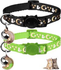 Baeuppit 2PCS Breakaway Cat Collars with Bell Moons Stars Cute Kitty - Neck 6.9-10.7 in / Green&Black