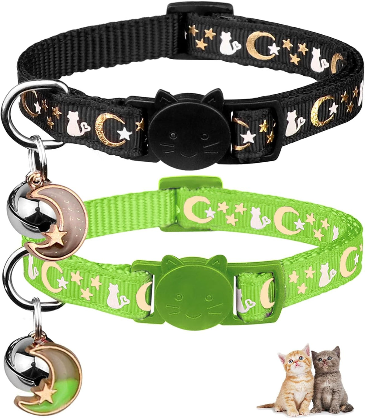Baeuppit 2PCS Breakaway Cat Collars with Bell Moons Stars Cute Kitty - Neck 6.9-10.7 in / Green&Black