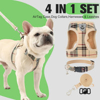 EXPAWLORER Plaid Small Dog Harness and Leash Set with AirTag Holder - Khaki / XX-Small - image 2