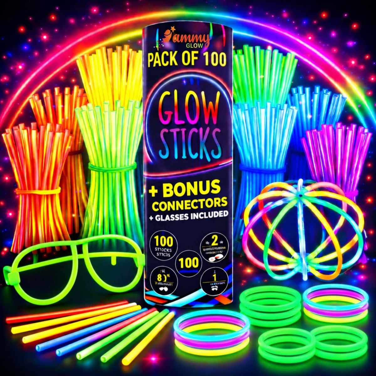 Ammy Glow Sticks Bulk Party Pack-100 Pack Glow Sticks - 100 Pack