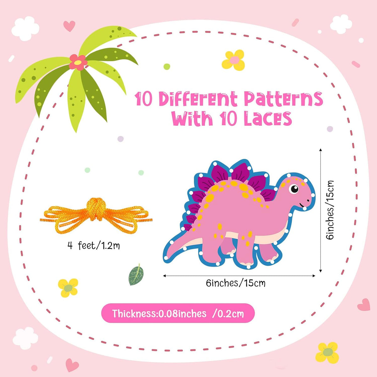 Pajean 10 Pcs Kids Lacing Cards Double Sided Animal Sewing Cards Kits - Dinosaur Style - image 2