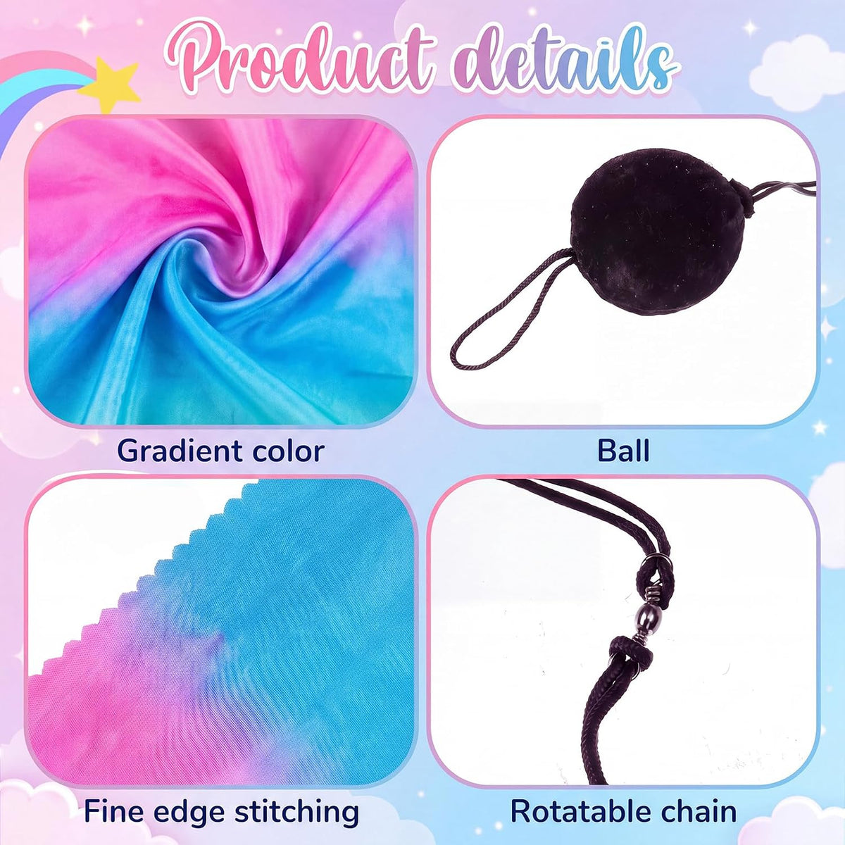 Jenaai silk veil poi set of 4 with black balls and adjustable chains in bright colors - view 23