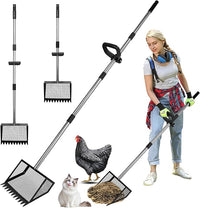 Chicken Poop Scooper and Rake with Ergonomic Handle, 2 in 1 Large Metal Chicken Coop Scoop for Poop with Adjustable Stainless Steel Pole, Sand Sifting Shovel for Chicken Coop Accessories