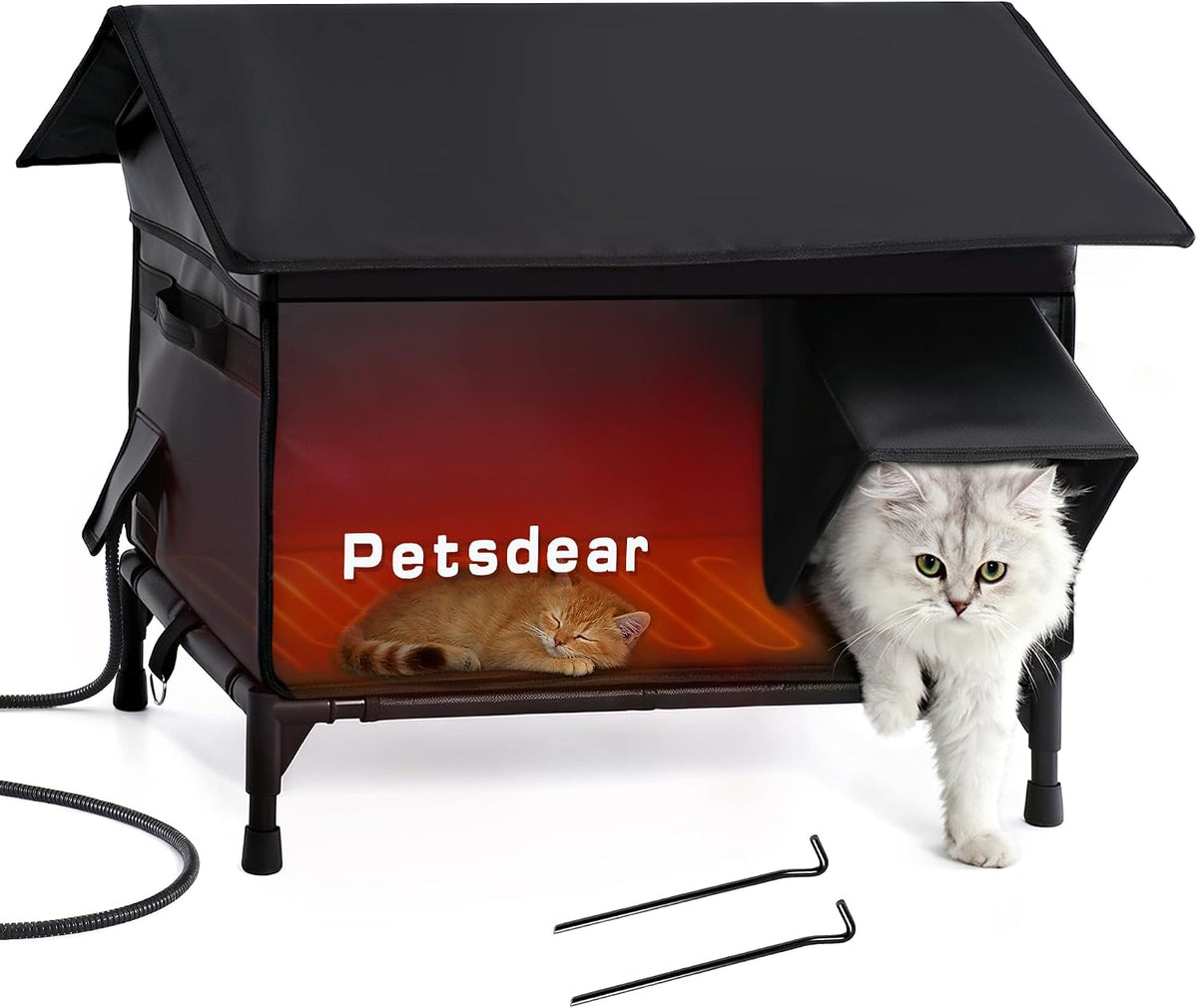 Large heated outdoor cat house with waterproof eaves and raised base for 2 to 3 cats