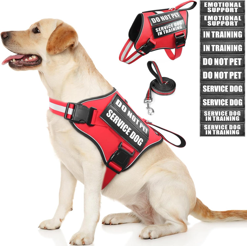 Service Dog Vest Harness and Leash Set+10 Patches - Large / Red