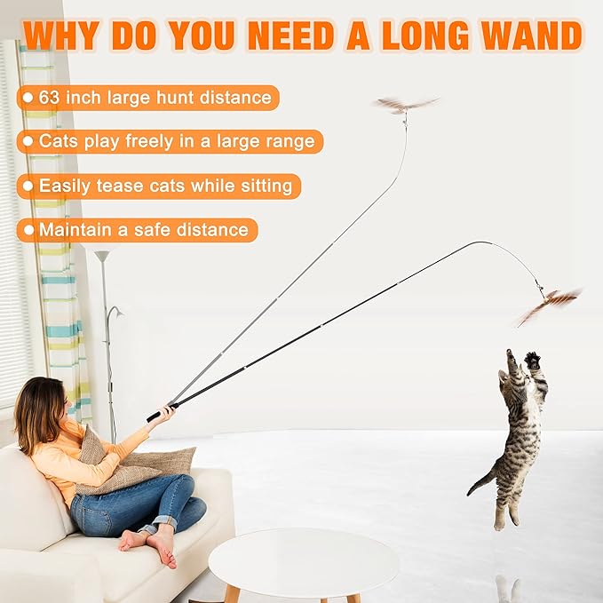JXFUKAL 2025 Latest Cat Toys, 2 in 1 Spring Cat Wand Toy with 2PCS Ultra-Long Cat Teaser, 4PCS Spring Steel Wire & 5PCS Feather Refills for Kitty Kitten Indoor Cats Accessories