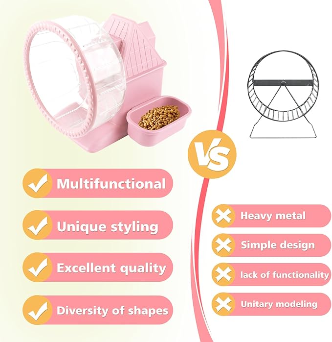 4 in 1 Silent Large Hamster Wheel Multifunctional Hamster Running Wheel Quite Running Spinner Wheel Accessories with Food Bowl Water Bottle for Hamsters Dwarf Gerbil (Pink)