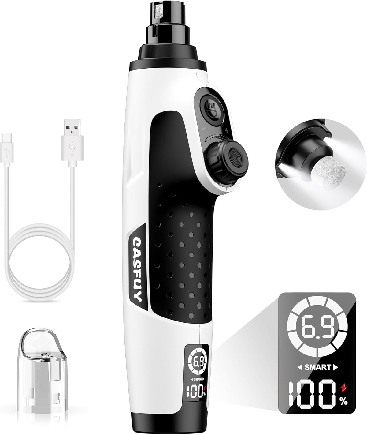 Casfuy Smart 6-Speed Dog Nail Grinder with LED Lights Safe - White