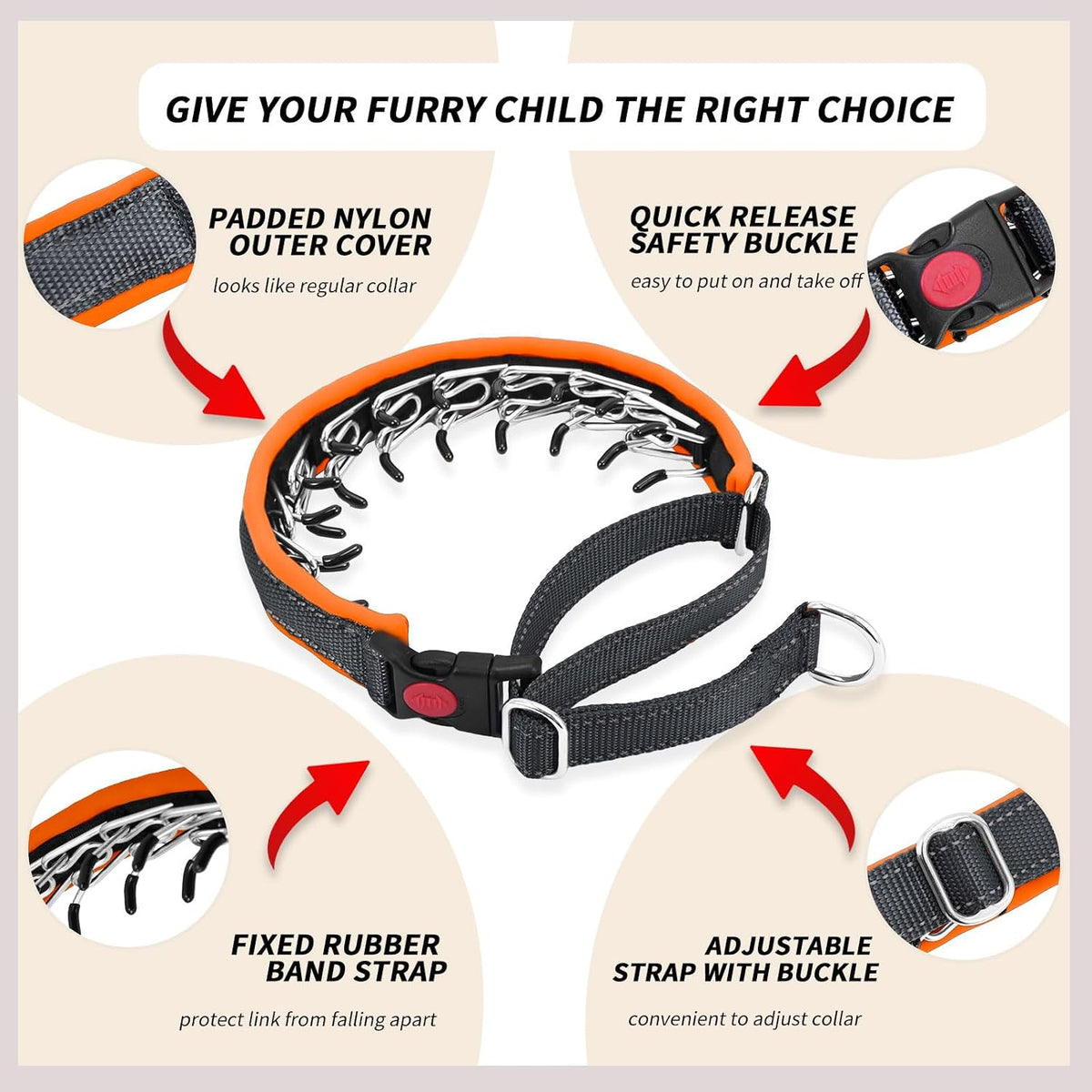 Martingale No Pull Dog Collar for Large Medium Small Dogs - M (15"-23" Neck, 1.5" Wide) / Black Orange - image 3