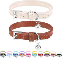 PUPTECK 2 PCS Soft Genuine Leather Cat Kitten Collar with Bells - Cream & Brown