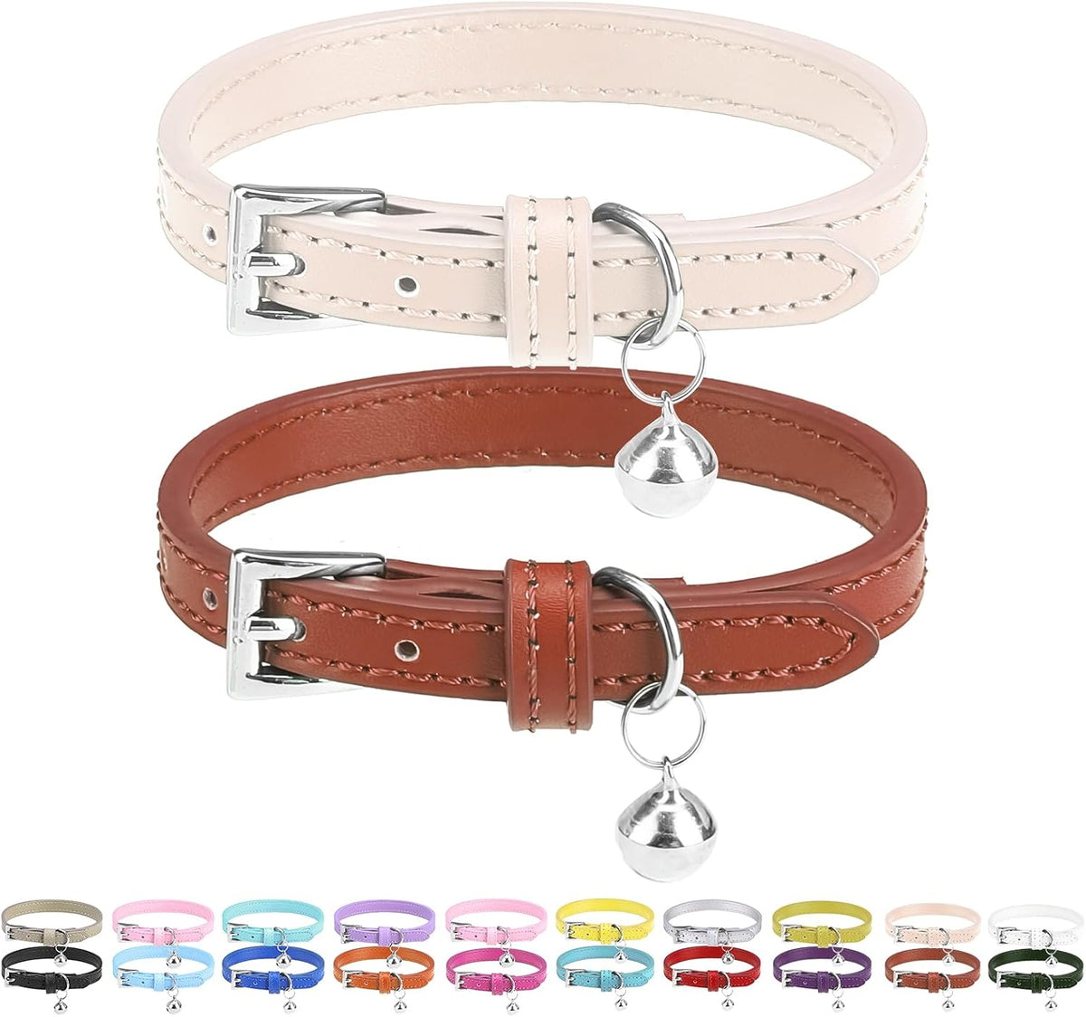 PUPTECK 2 PCS Soft Genuine Leather Cat Kitten Collar with Bells - Cream & Brown