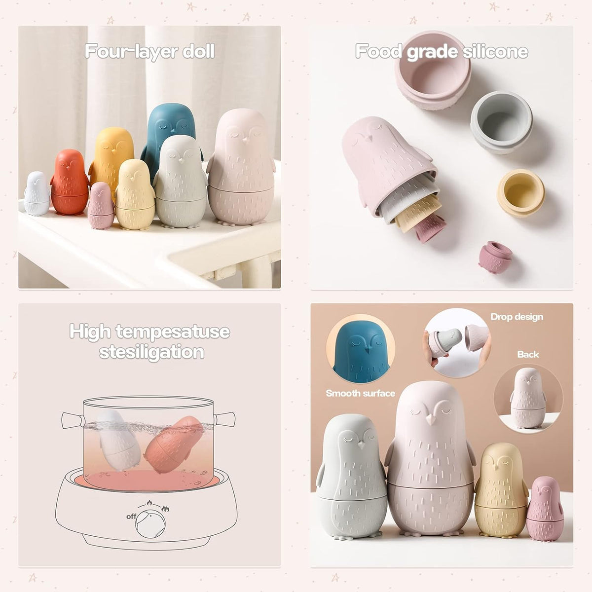 OESSUF 8 Pieces Silicone Nesting Dolls Russian Matryoshka Doll Easter - Blue Penguin Doll Set - image 3