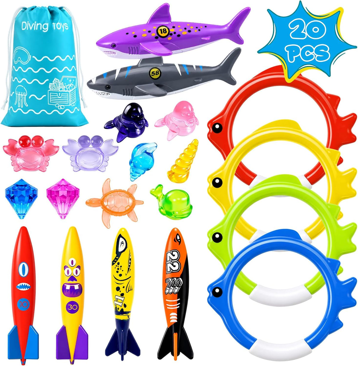 20Pcs Summer Pool Diving Swimming Toys for Kids Ages 3-12 - 20blue