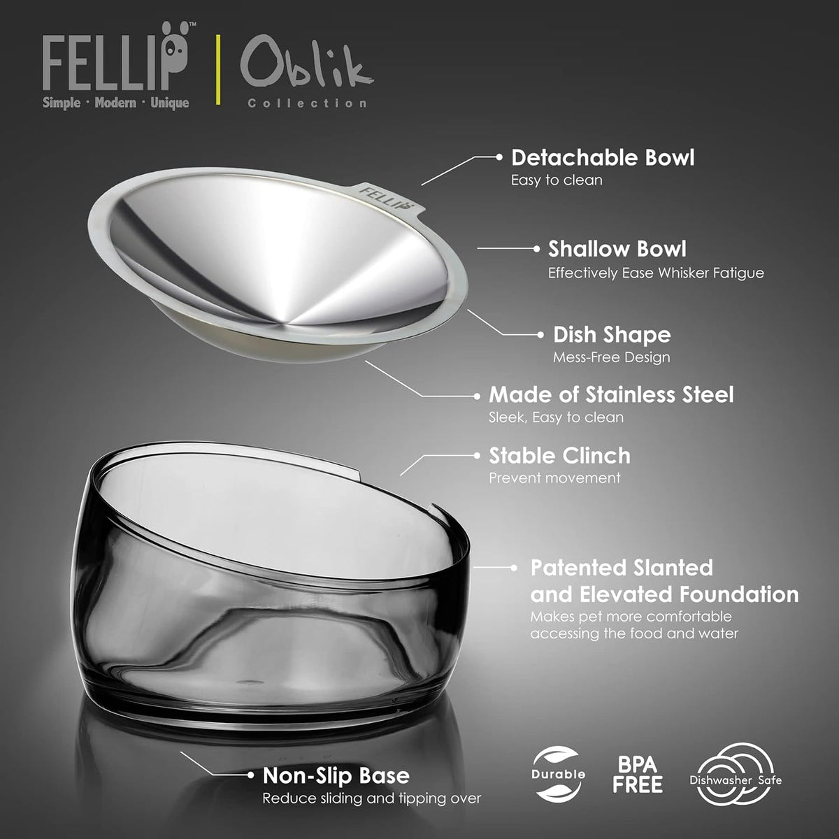 Felli Pet Oblik Acrylic Raised Dog Food Water Bowl Stainless Steel - Smoky / 0.5 Cups Shallow Dish - image 4