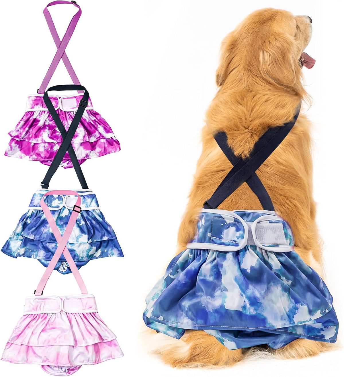 Avont 3 Pack Washable Female Dog Diaper with Suspender-Mixed Patern L – Essentials for Dogs - Tie-dye - Purple/ Blue / Pink / XL
