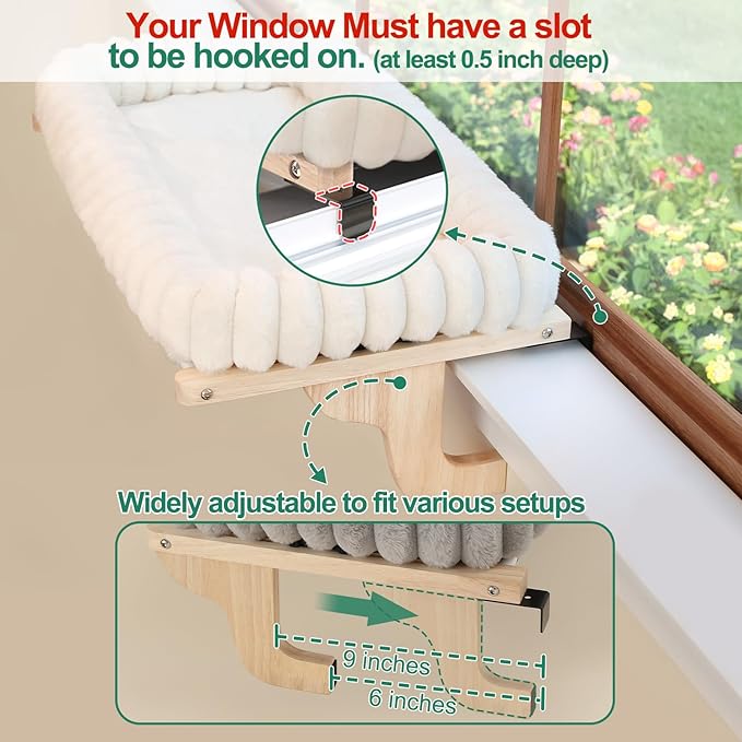 SnugCloud Cat Window Perch with 4-Sided Bolster - Orthopedic Cat Hammock for Window Sill - Solid Hardwood & Metal Frame - Window Seat for Pets (Natural Color Wood w/White Bed, Medium)