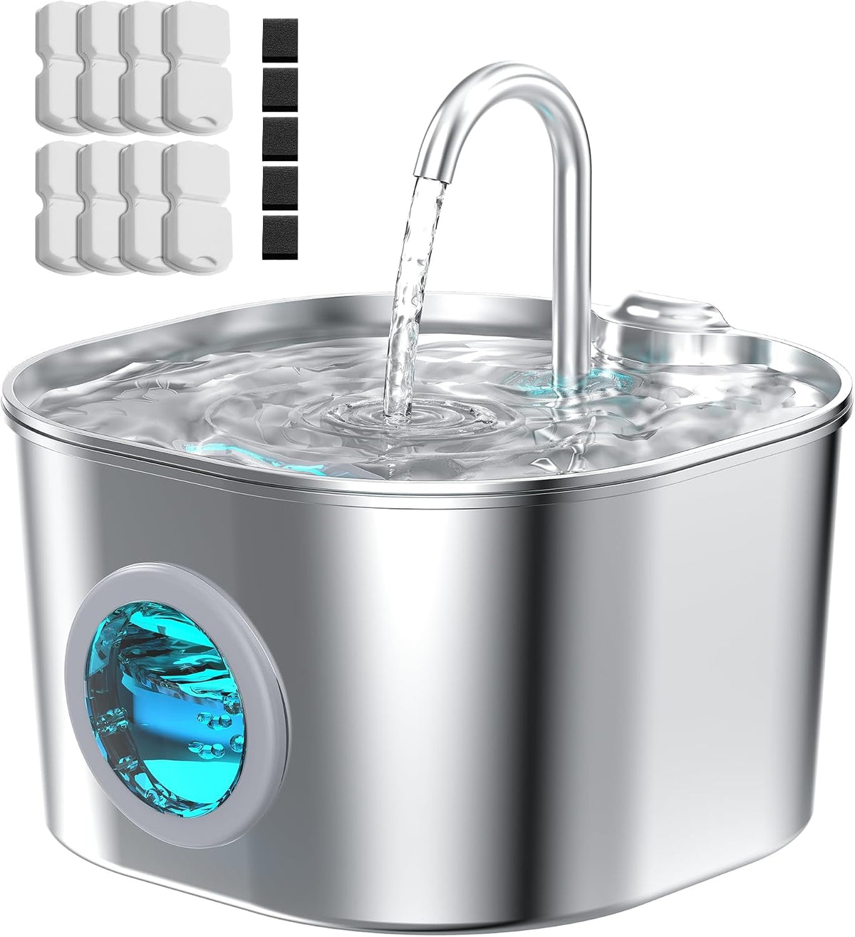 Cat Water Fountain Stainless Steel: Pet Fountains for Cats/Dog Indoor - 74oz/2.2L Cat Fountain + 8 Filters + 5 Sponges