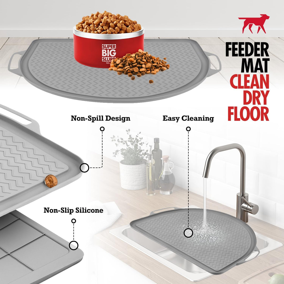 Tuff Pupper 36x24 XXL Dog Feeding Mat for Food and Water - Gray / Semi Circle Large - 26" x 21" - image 2
