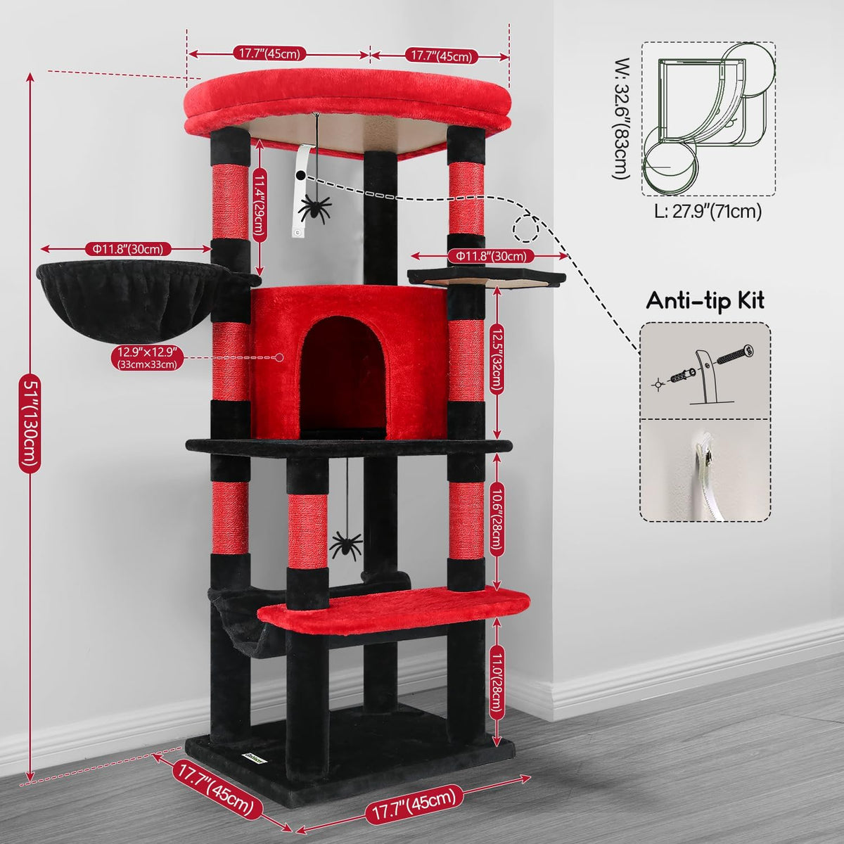 Globlazer Corner Stable Cat Tree Tower with Scratching Post, C51 - 51inch / Red Black - image 3